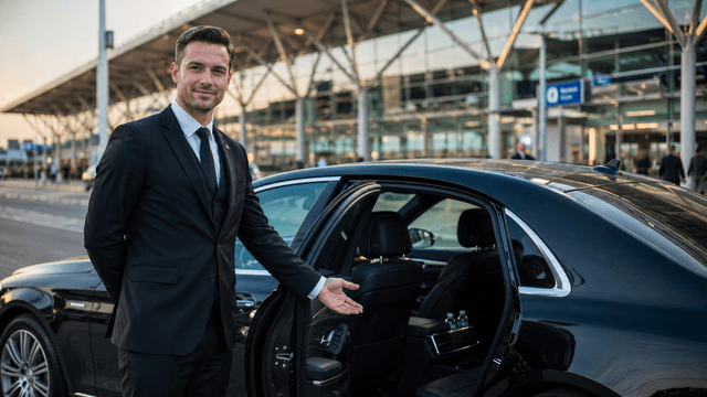 Profi sofőr prémium fekete Mercedes mellett, repülőtéri terminál előtt