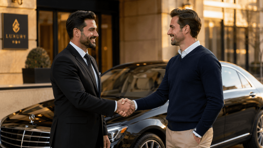 Kézfogás egy sofőr és üzleti partner között egy prémium Mercedes mellett, az Infinity Transfer partnerségét szimbolizálva Kézfogás egy sofőr és üzleti partner között egy prémium Mercedes mellett, az Infinity Transfer partnerségét szimbolizálva